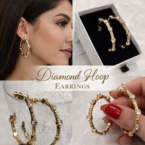 Gold Textured Rhinestone Hoop Earrings | Boutique Statement Hoops
